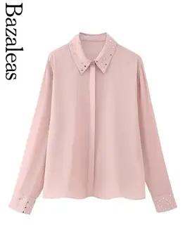 2023 bazaleas store трафика на Розова риза с копчета, дамски блуза с яка от страз, официалната дамски дрехи