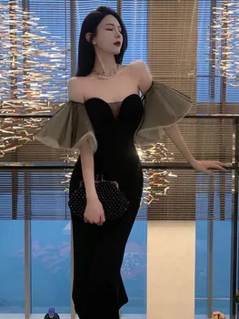 2023 Лятото, Дамски Елегантен Бала нощ във френски стил, Черна рокля, дамска мода, секси прашка за спагети презрамки, Стилни дрехи Vestidos