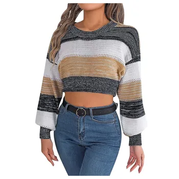2023 Нов Кратък пуловер, Пуловер, Женски модерен пуловер в уличном стил, вязаный пуловер в контрастни райета с дълъг ръкав, Пуловер Pull Femme