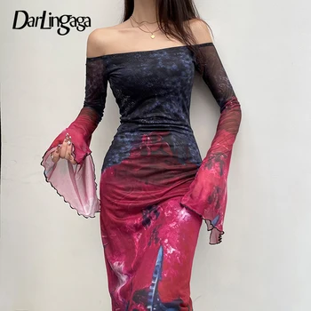 Darlingaga Винтажное сетчатое рокля с изгорени ръкави и завязками-Секси елегантна рокля с открити рамене с графичен принтом Секси Дълга рокля за парти Естетическо