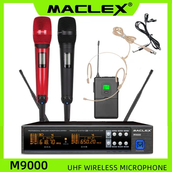 Maclex Karaoke Stage Performance Home KTV M9000 UHF Професионална Безжична Dual Микрофон Система bodypack Слушалки lavalier mic
