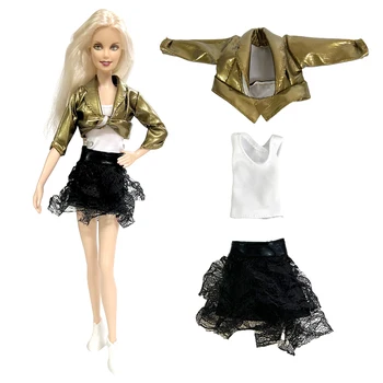 NK 3 предмет/комплект, ежедневни дрехи за кукли 1/6, Модерно яке + Бяла тениска + черна пола, празнично облекло за кукли Барби, Аксесоари, играчки
