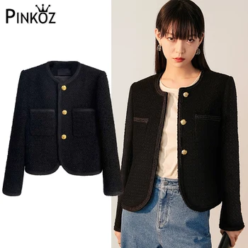 Pinkoz писта дизайнерски черен однобортный туид яке с кръгло деколте и обтягивающими копчета, външни есенно-зимно палто de mujer staff new