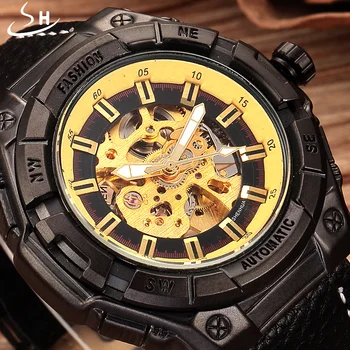SHENHUA Автоматични Механични часовници Мъжки Часовници марка Ретро Кожени Реколта Луксозни Бронзови Спортни часовници с виртуален скелет Relogio Masculino