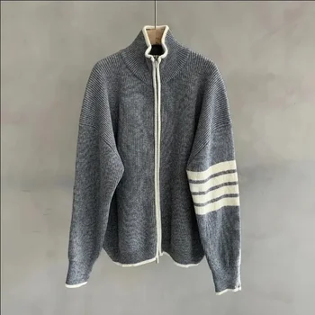 TB Image shop Мъжка жилетка, пуловер, ежедневното вязаное палто с висока яка, есенна вълнена лента в контрастен цвят с четири ивици