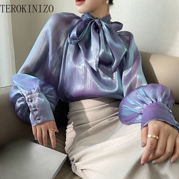 TEROKINIZO Темпераментен Проста Блуза Жените С Лък Дантела Свободни Модни Дамски Ризи Обикновена Прозрачна Blusas Mujer