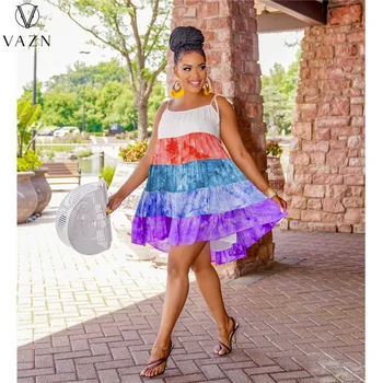 VAZN 2023, ново модно секси къса рокля в уличном стил, женствена рокля без ръкави на спагети презрамки, шарени женски мини къса рокля