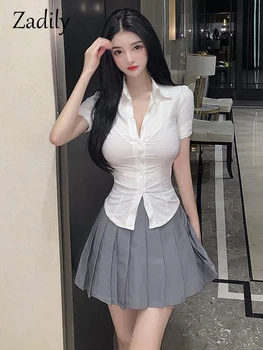 Zadily 2023 Лятна Тънка Бяла риза в корейски стил с къс ръкав, дамски секси офис блуза с прилепнали талия, Новост в дрехи, блузи