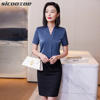 Бизнес блузи SICOOZOE, прост дизайн, обикновена ризи за жени, блуза-плетена вълнена жилетка с V-образно деколте и къс ръкав, Модерен офис риза
