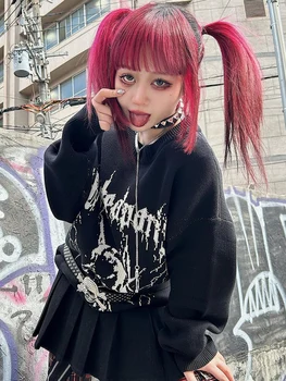 Висок Пуловер на Горно Облекло Casual Свободна Y2K Diablo Harajuku High Street Text Естетичен Външен Дизайн Хип-хоп, Рок Мода Трикотажная