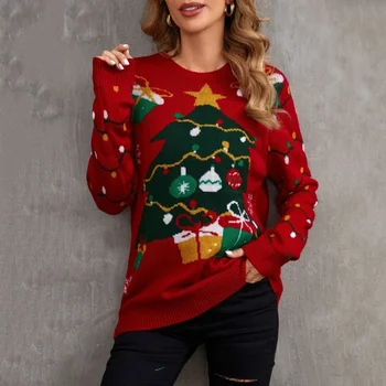 Вязаный Пуловер Модерен Коледен Пуловер за Жените С Кръгло Деколте, Еднакви Комплекти За Семейството, Трикотаж, Идеален Свободен Пуловер за Партита