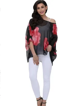 Дамска блуза в стил мозайка, свободна шифоновая риза в бохемски стил, ризи, голям размер с къс ръкав, модни градинска дрехи, блузи, блузы