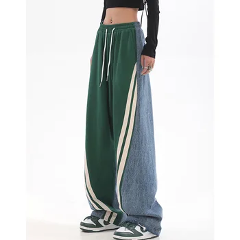 Дамски директни скъсяване на панталони в контрастен цвят, с висока талия, улични спортни панталони с завязками дантела прозорци, дамски спортни панталони-цилиндър