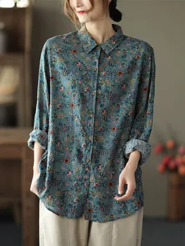 Дамски ежедневни памучни ризи, Новост Пролетта 2022 година, Ретро стил, отложной яка, Цветен принт, Свободни дамски блузи с дълъг ръкав, D128