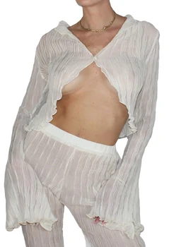 Дамски потник в стил Гръндж Y2k с отворена предна част, жилетка копчета с дълъг ръкав, секси прозрачни скъсяване на върховете