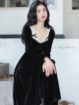 Дамско черно бархатное рокля Корейски дизайн в ретро Викториански стил свързани с лък и изгорени ръкави, Романтична рокля за дамите-феи Vestido Негър