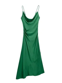 Елегантна однотонное атласное рокля на спагети презрамки, Женски Секси дълга рокля-комбинация с рюшами, Лятно асиметрична рокля с отворен гръб, Вечерни рокли