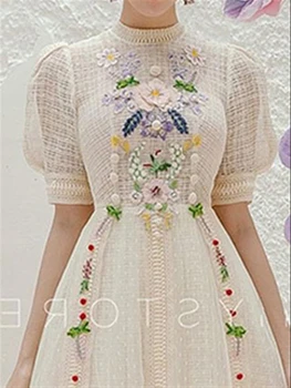 Елегантна Трапециевидное цвете Однотонное Винтажное секси рокля в стил Бохо с бродерия, Летни рокли с къс ръкав, женски дантелено вечер сетчатое рокля 2023