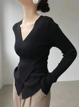 Жена моден трикотаж с V-образно деколте, высокоэластичный тънък пуловер пуловер, дамски блузи с дълъг ръкав.