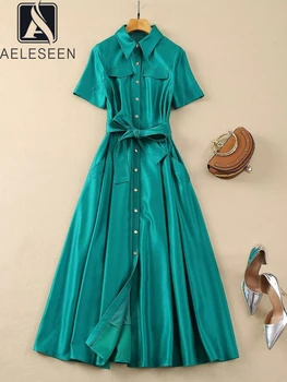 Жена однотонное рокля-риза AELESEEN, дизайнерска мода, летен джоб с отложным яка, однобортный каишка, Елегантен офис дами
