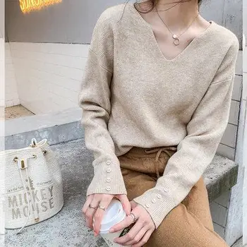 Жена пуловер есен-зима С V-образно деколте В Корейски Стил, Монофонични Трикотаж, Модерен женски Пуловер, Директна доставка, GXYDQ8301