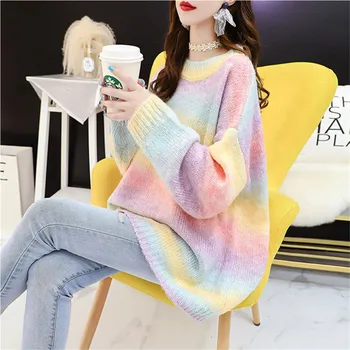 Жена пуловер, пуловер, японски вязаный жилетка Rainbow Girls, Без оверсайз, Пролетта и есента е в Розово и синьо топ с дълъг ръкав 2023 година.