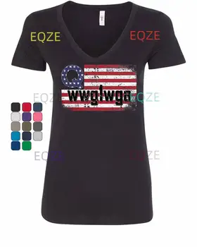 Женска тениска Distressed Q с флага на сащ WWG1WGA и дълбоко държавен патриотизъм