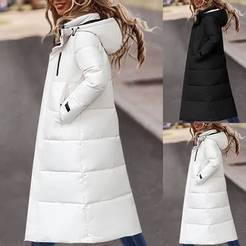 Зимни дамски анораци с качулки, дълги якета с памучна подплата, палто с цип, ежедневното гъст топло зимно палто, дамски връхни дрехи, градинска облекло