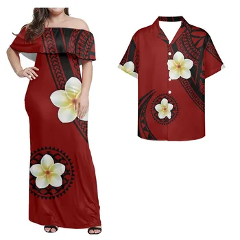 Костюм за двойки от 2 теми с флорални принтом хибискус червено полинезийски племена, женски ежедневна рокля в пода голям размер 7XL, произведено по поръчка, ma