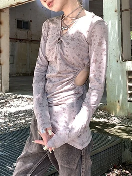 Модерен жена най-тромпет, Приталенные Блузи С дълъг ръкав и Кръстосано завязкой на шията, Дамски тениски С принтом Звезди, Y2k, Градинска облекло