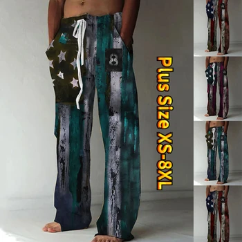 Мъжки свободни панталони в звездно-полосковую лента с висока талия и набивным шарките извън ежедневния стил XS-8XL