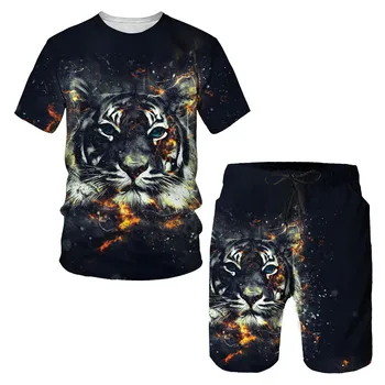Мъжки тениски с 3D-принтом тигър + шорти, комплекти за джогинг, стръмни плажни панталони с домашен любимец модел, костюми за гмуркане, шорти от две части