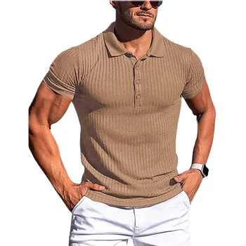 Нови летни мъжки поло, обикновена еластични тениски с къс ръкав за фитнес, модерен мъжки ризи с висока яка
