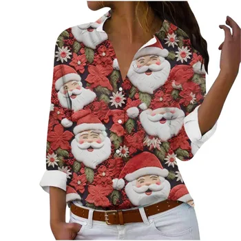 Пролетната реколта женска риза, Есенна новост, Коледна дамска блуза с 3D принтом Дядо Коледа, върхове, градинска дамски дрехи