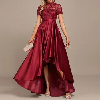 Рокли за жени, Луксозен Темперамент, Вино-червено лейси ред, Вечерна рокля с неправилна форма, Vestidos Para Mujer Elegantes Y Bonitos