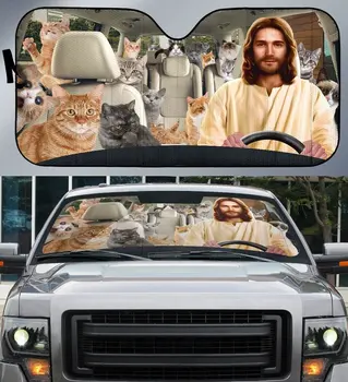 Сенника на предното стъкло на превозното средство с Исус И котка, едно забавно животно, Персонални Сгъваема сенника, сенника за кола спорт ютилити превозно средство