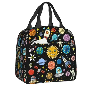 Случайна чанта за обяд Space Rocket Planet за училището пикник, на космическия кораб астронавти, Фланец охладител, термос за обяд и за жени и деца