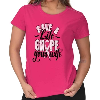 Спаси живот, пощупай жена си, забавен на дамски тениски с информация за рака на млечната жлеза