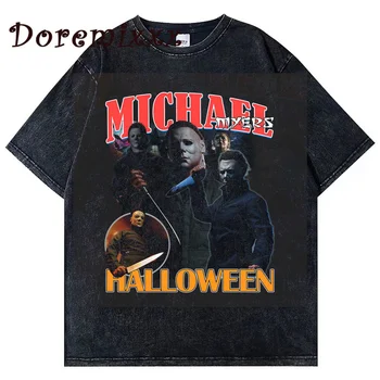 Тениска Майкъл Майърс, мъжка тениска с графичен принтом, Реколта тениска от филма на ужасите от 90-те години, выстиранная тениска, градинска дрехи, Дамски тениски Оверсайз