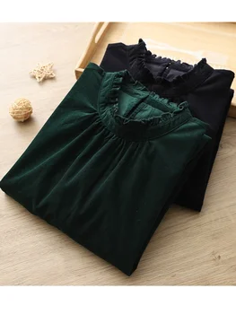 Уникално винтажное произведение на изкуството Lamtrip, Зелена Вельветовая риза с гофрированным яка и дълъг ръкав, блуза 2024 Spring Mori